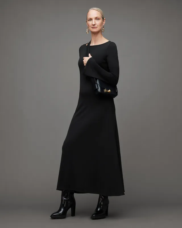 AllSaints Carolina Long Sleeve Flared Maxi Dress,, Black, Size: 6