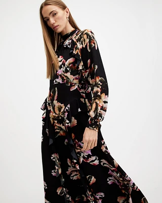 AllSaints Jessica Floral Print Ruffle Maxi Dress,, Size: UK