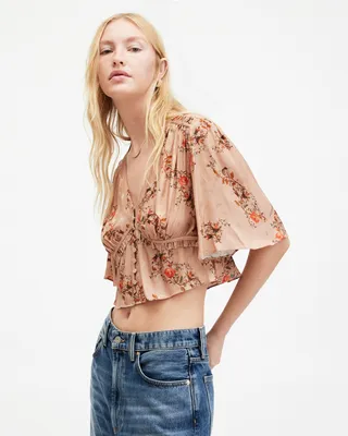 AllSaints Tian Floral Print Oto Shirred Bust Top,, Almond Beige, Size: UK 8/US 4