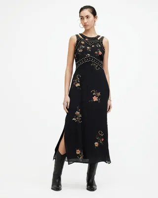 AllSaints Jessie Tanana Floral Print Maxi Dress,, Jet Black, Size: UK