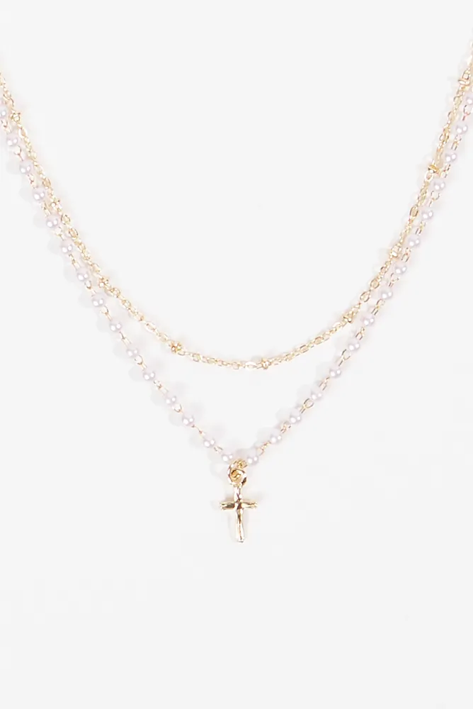 Layered Pearl Cross Necklace