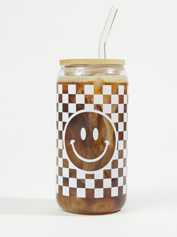 Checkered Smiley Latte Glass