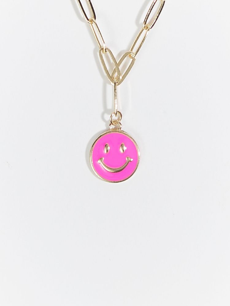 Smiley Face Paperclip Chain Necklace - Hot Pink