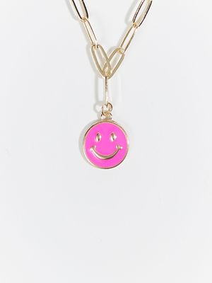 Smiley Face Paperclip Chain Necklace - Hot Pink