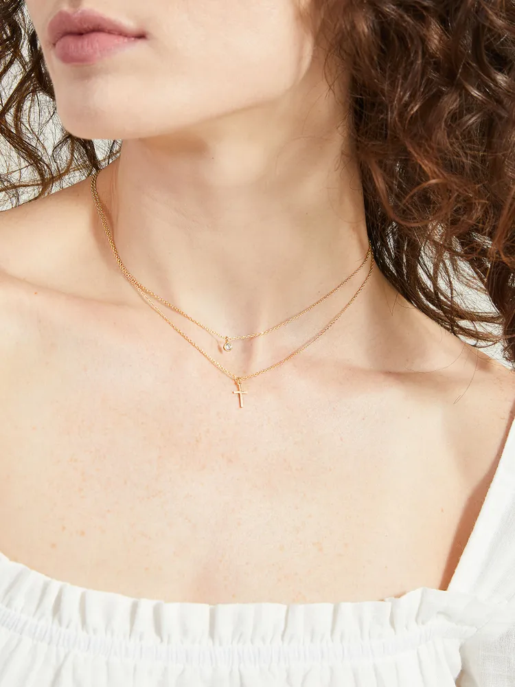 Cross & Crystal Layered Charm Necklace