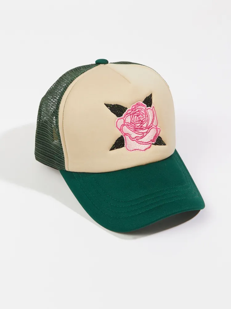 Embroidered Rose Trucker Hat