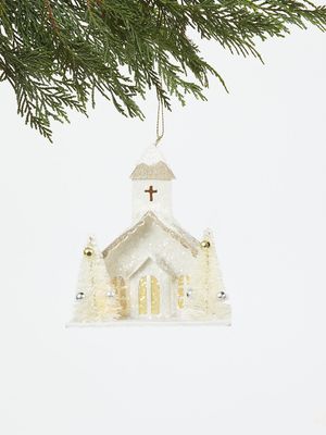 White Scallop Church Christmas Ornament