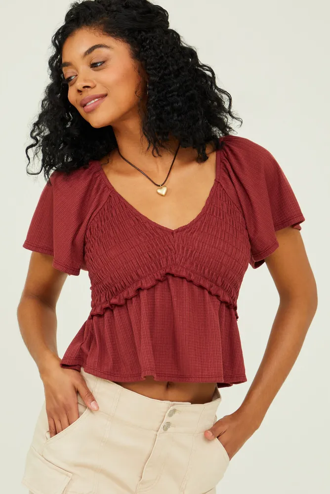 LA Hearts Ruched Long Sleeve Babydoll Top