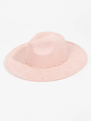 Pearl Chain Trim Suede Hat