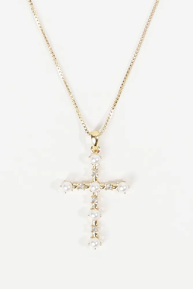 Dainty Pearl Cross Pendant Necklace