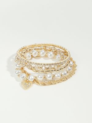 Layered Pearl and Crystal Bracelet Set