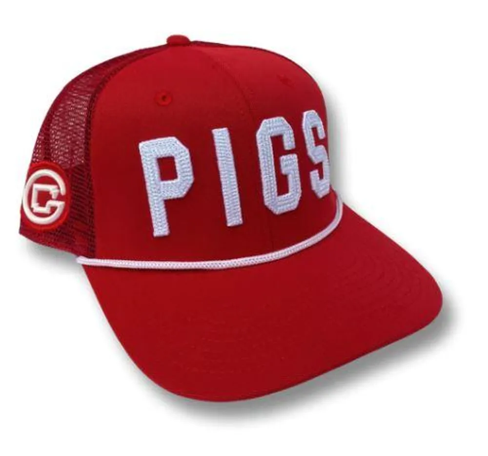  Ahs | Pigs Men's Red Meshback With White Rope Flat Brim Hat | Alumni Hall