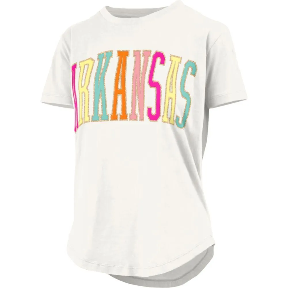 Razorbacks | Arkansas Pressbox Sunshine Glitter Jersey Rounded Bottom Tee Alumni Hall