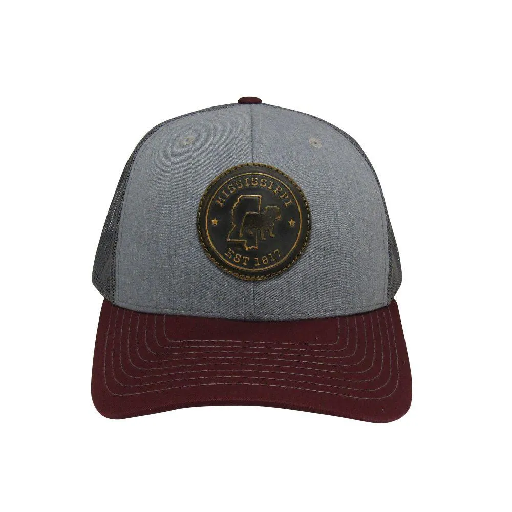  Bulldogs | Mississippi Bulldog Circle Leather Patch Trucker Hat | Alumni Hall