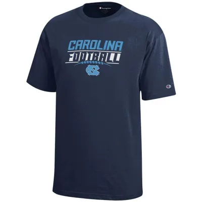 Unc | Carolina Champion Youth Wordmark Over Football Laces Tee Alumni Hall