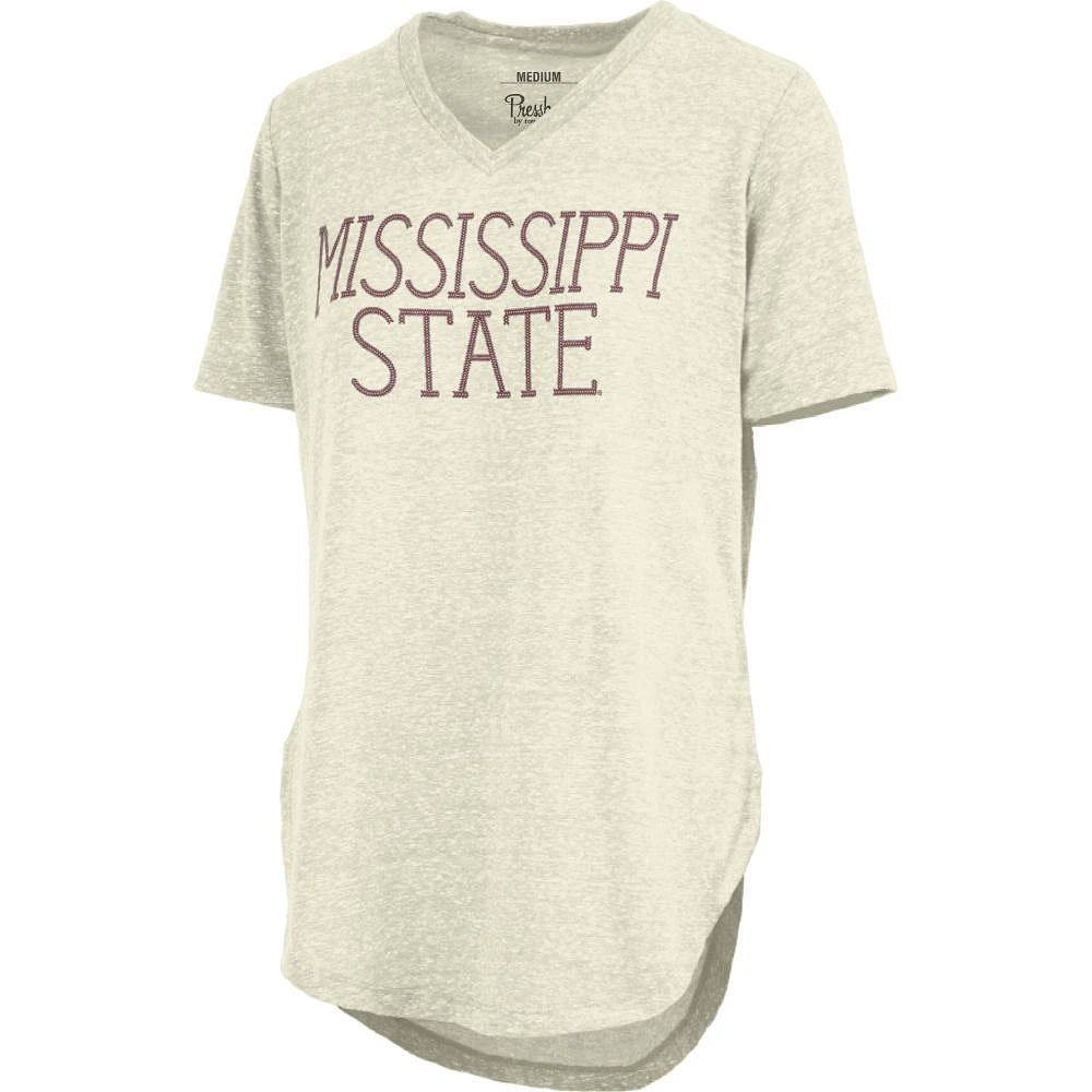 Mississippi State Pressbox Chain Stitch Text Knobi V Neck Tee