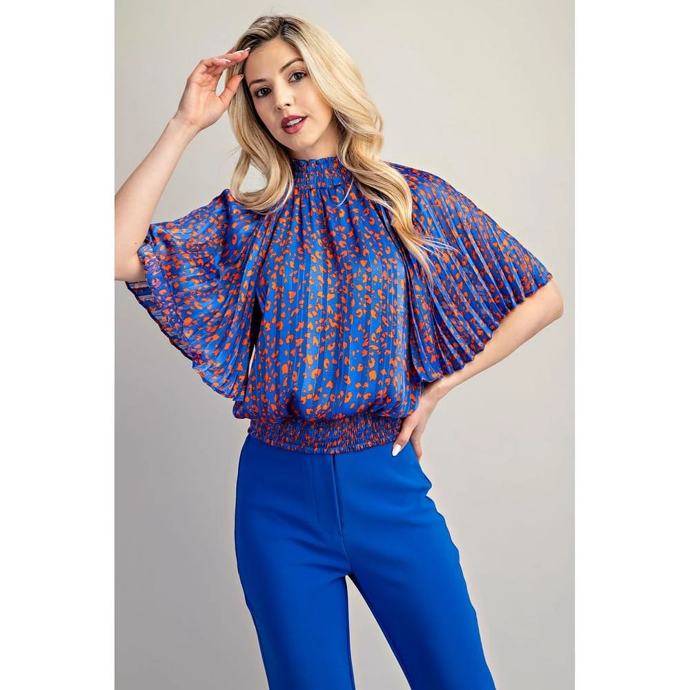 Women's Royal Smocked Mock Neck Zebra Lurex Print Top