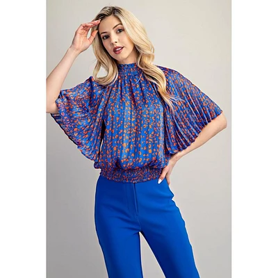 Women's Royal Smocked Mock Neck Zebra Lurex Print Top