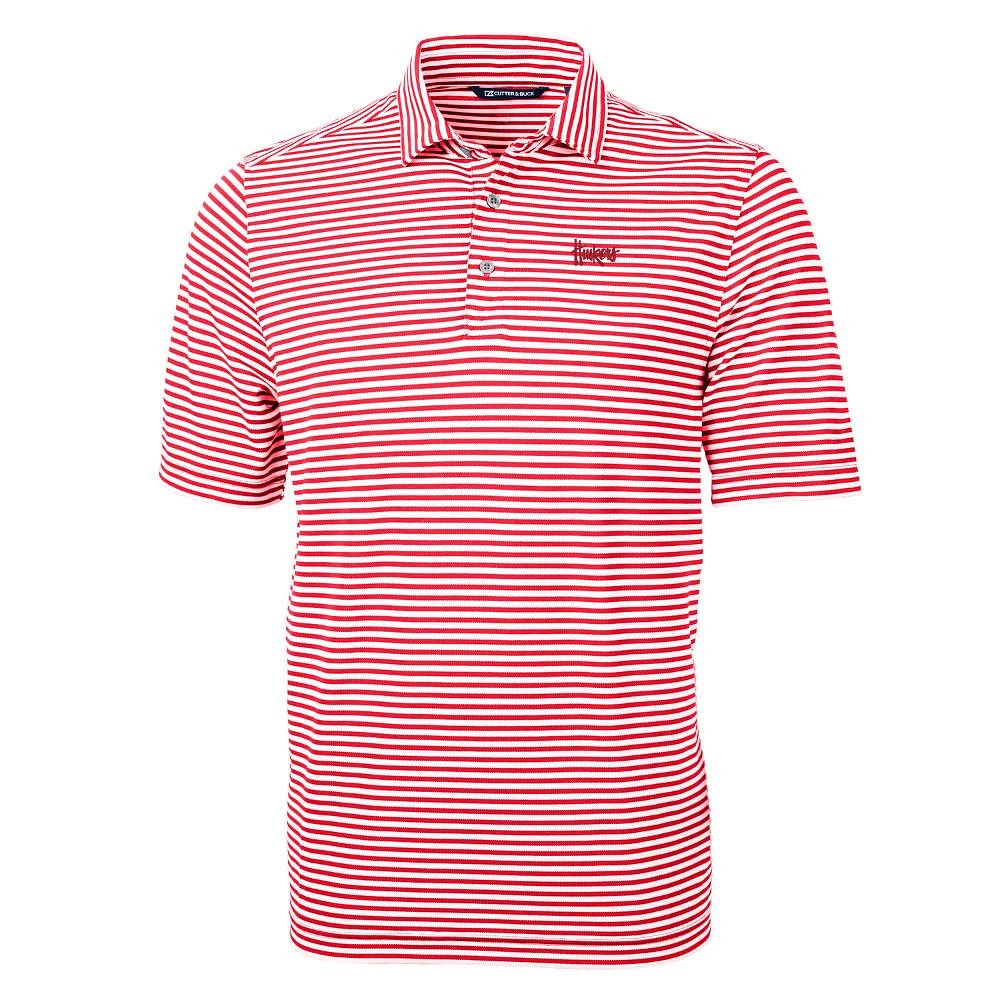 Nebraska Cutter and Buck Huskers Script Striped Virtue Eco Pique Polo