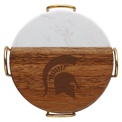 Michigan State Marble and Acacia Wood Coaster Set