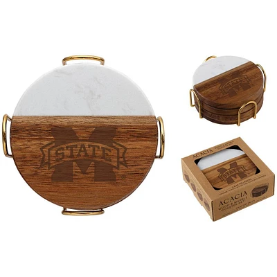 Mississippi State Marble and Acacia Wood Coaster Set