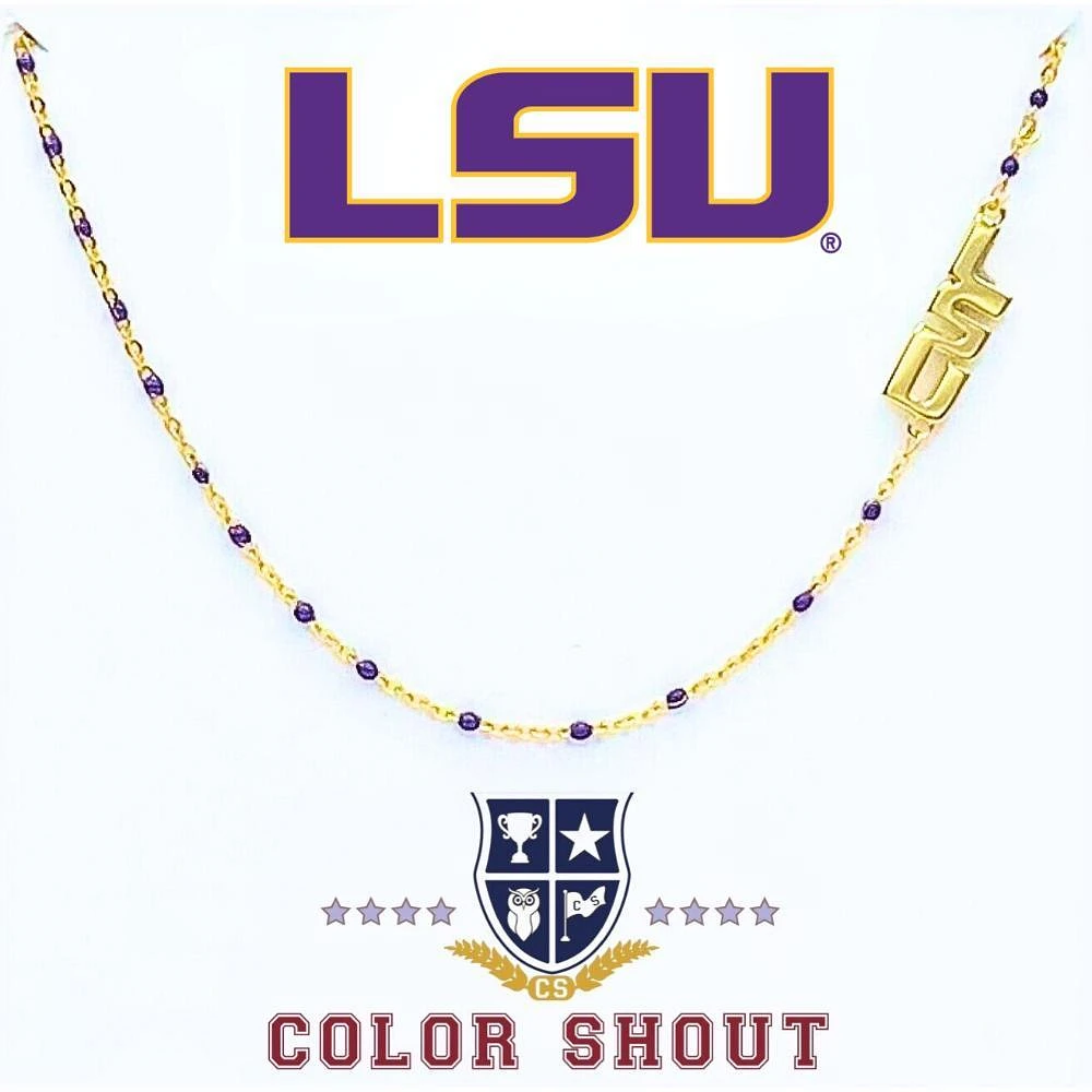 LSU Color Shout Side Set Logo Enamel Bead Necklace