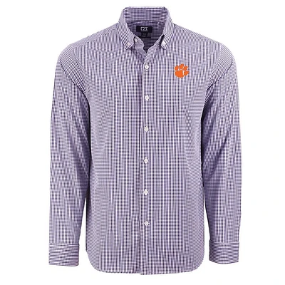 Clemson Cutter & Buck Skyline Epic Gingham Dress Shirt
