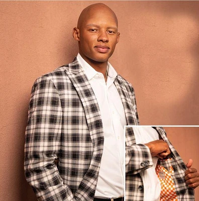 Reveal Suits Plaid with Orange Checkerboard Lining Blazer Jacket
