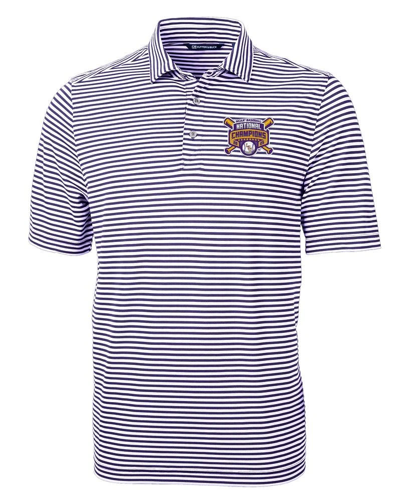LSU Cutter & Buck BIG TALL 2025 College World Series National Champs Eco Pique Stripe Polo
