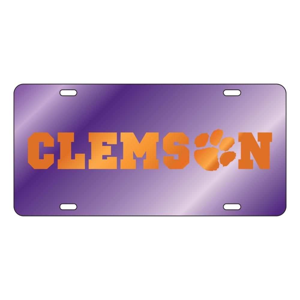  Tigers | Clemson Wordmark With Paw Purple License Plate | Alumni Hall