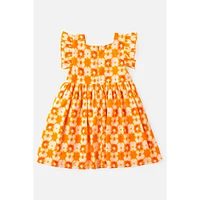 Briton Court Orange and White Kids Maya Tie with Pockets Dress