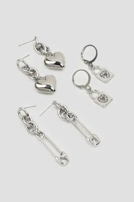 Ardene 3-Pack Padlock & Safety Pin Earrings in Silver | Stainless Steel
