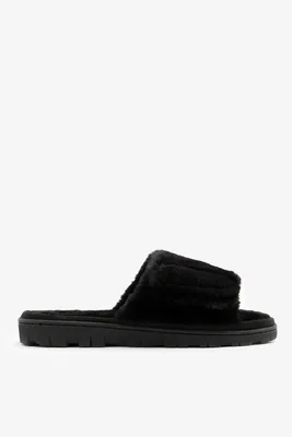 Ardene Adjustable One Band Faux Fur Slippers in Black | Size | Rubber