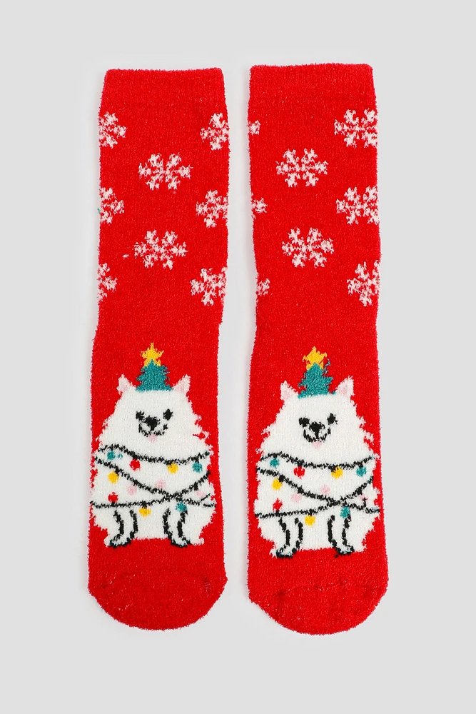 Ardene Dog & Snowflakes Cozy Socks in Red | Polyester/Spandex