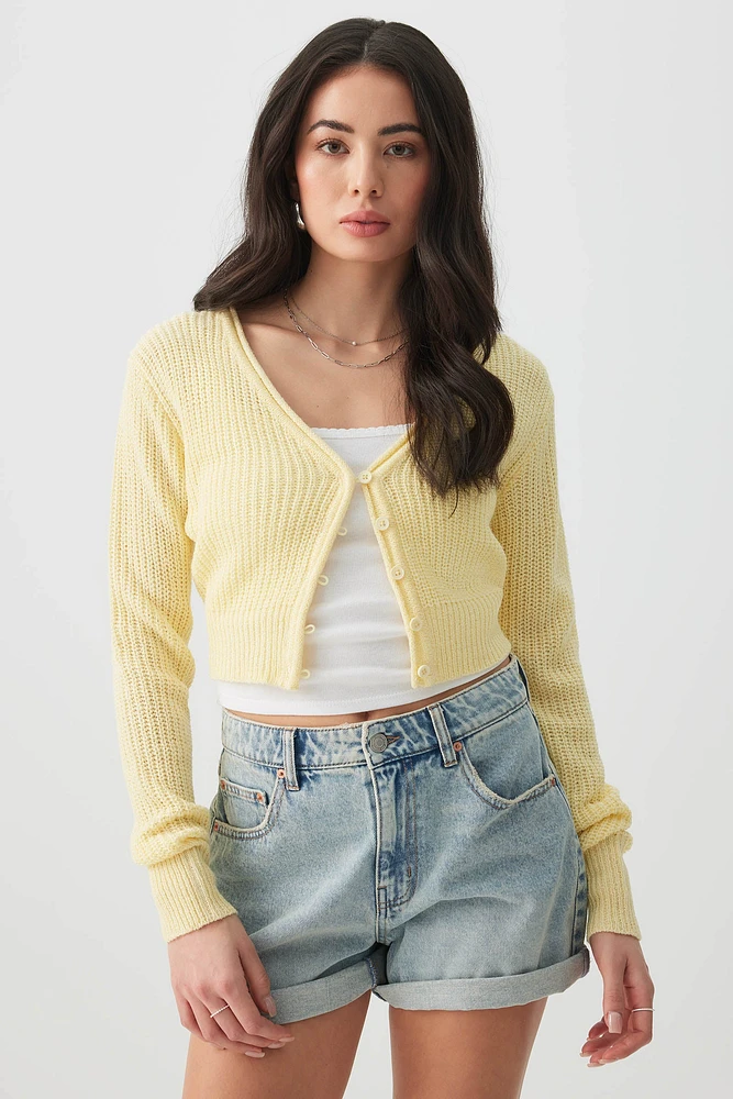 Ardene Crop V-Neck Cardigan in Light Yellow | Size | 100% Acrylic