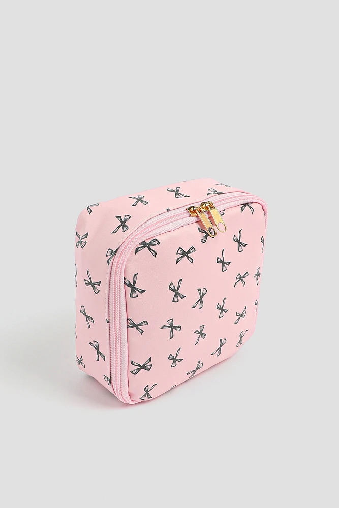 Ardene Bow Print Makeup Bag in Light Pink | Polyester