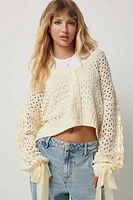 Ardene Bow Sleeve Crop Cardigan in White | Size | 100% Acrylic