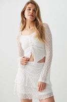 Ardene Ruched Front Long Sleeve Lace Top in White | Size | Polyester/Elastane/Polyamide