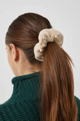 Ardene Faux Fur Scrunchies with Pearls in Beige | Polyester