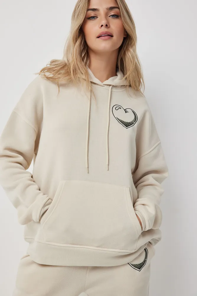 Ardene Oversized Graphic Hoodie in Beige, Size