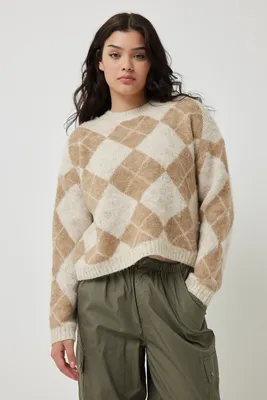 Ardene Fuzzy Jacquard Sweater in Beige | Size | Polyester/Spandex