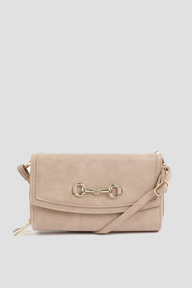 Ardene Crossbody Wallet with Horsebit in Beige | 100% Recycled Polyester/Faux Leather | Eco-Conscious