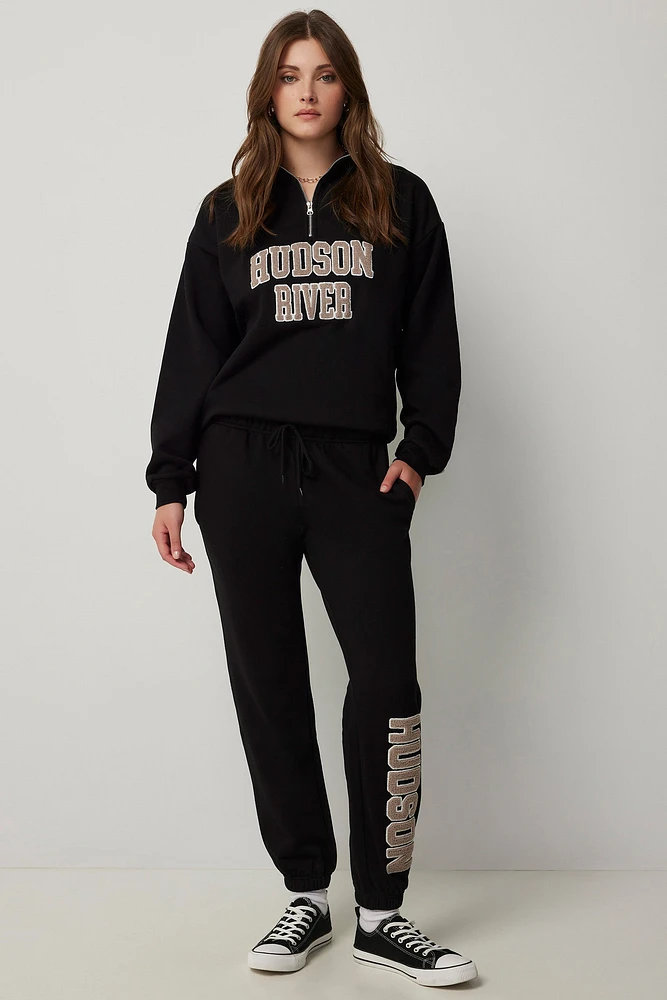 Ardene Sweatpants with Patch Detail in | Size | Polyester/Cotton | Fleece-Lined