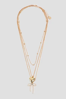 Ardene 3-Row Heart & Bow Necklace in Gold