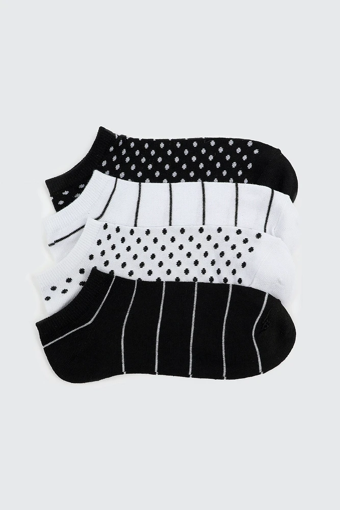 Ardene 4-Pack Polka Dot & Stripe Ankle Socks in Black | Polyester/Spandex