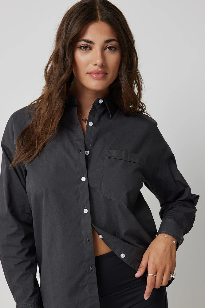 Ardene Solid Poplin Shirt in Dark Grey | Size | 100% Cotton