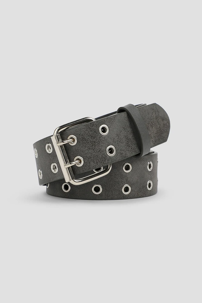 Ardene Faux Leather Eyelet Belt in Dark Grey | Size Small