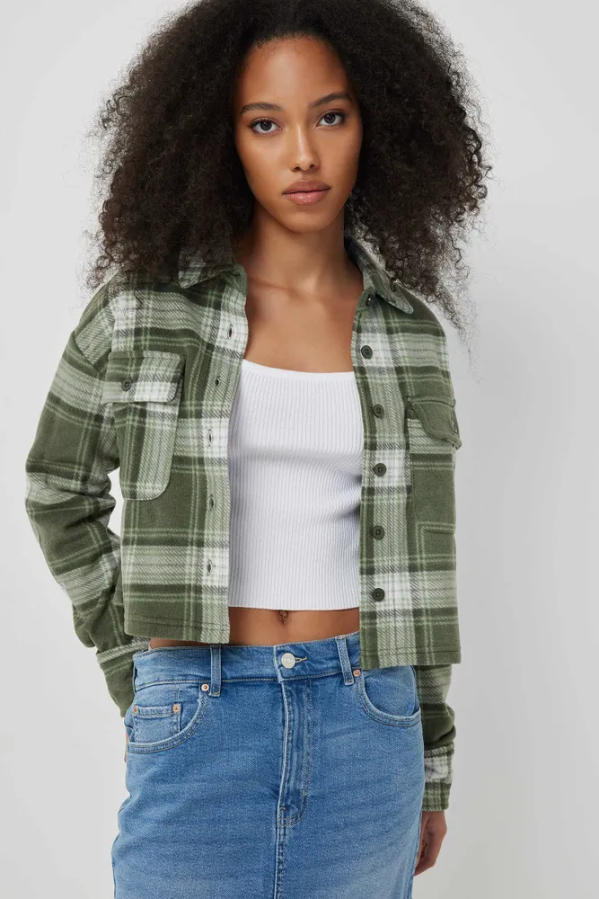 Ardene Cropped Boxy Polar Shirt in Khaki | Size | 100% Recycled Polyester | Eco-Conscious