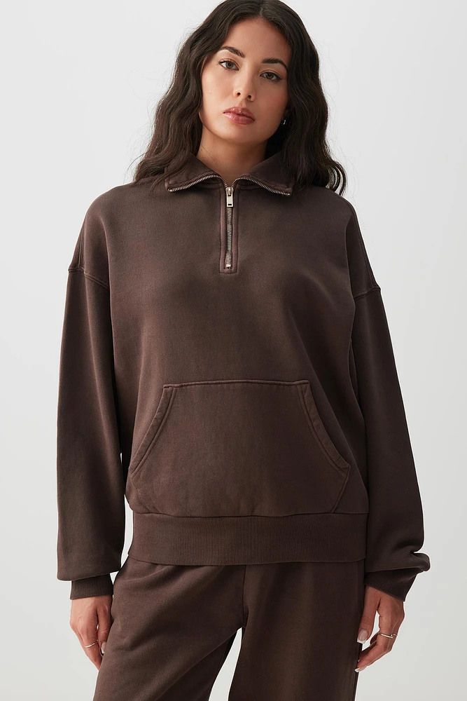 Ardene Washed Half Zip Sweatshirt in Brown | Size | Polyester/Cotton | Fleece-Lined
