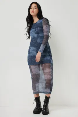 Ardene Printed Long Sleeve Mesh Maxi Dress in Medium Blue | Size | Polyester